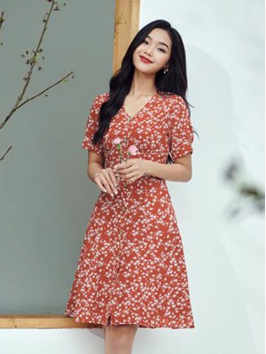 Váy Hoa Cam Midi Bổ Cúp Ngực SYO FASHION D4003-21